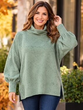 DG2 Diane Gilman Sage Speckled Oversized Turtleneck Bishop Sleeve Top L NWOT